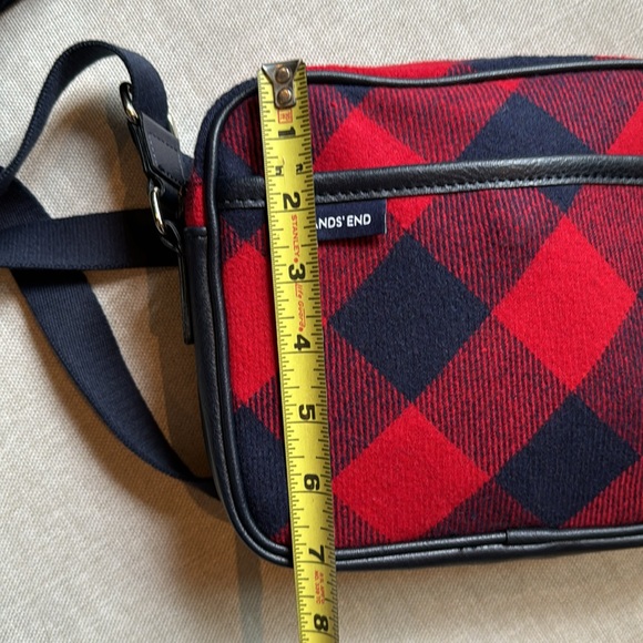 Lands End Crossbody-Red/Navy Plaid Flannel Exterior-Navy Trim-Cloth Strap- - Picture 15 of 16